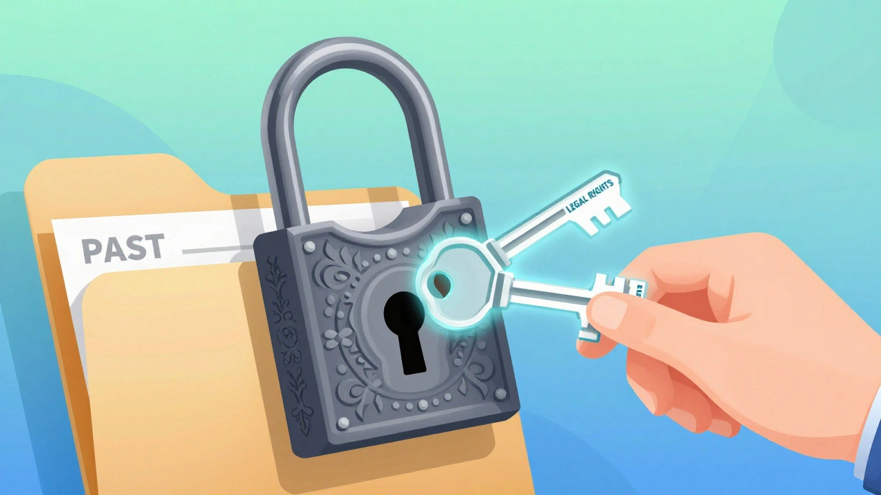 Illustration of keys cutting a padlock on a file, representing legal rights and record sealing.