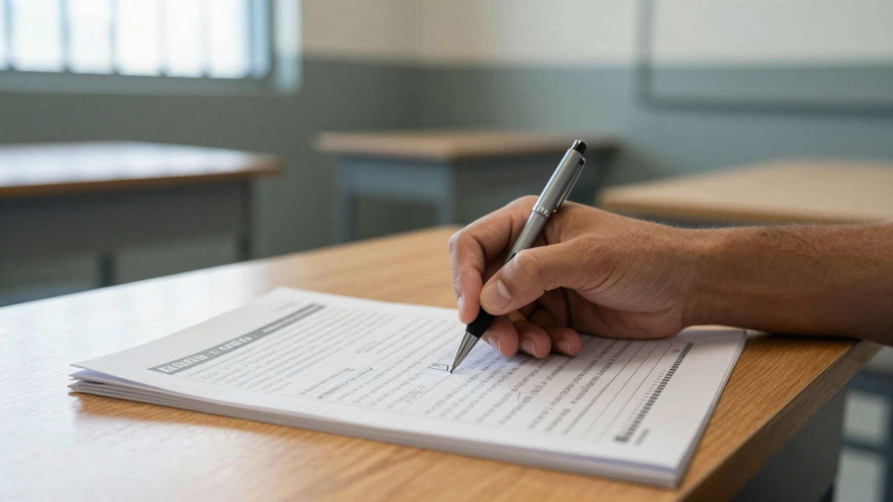 Inmate taking a paper-based education exam at a cell desk