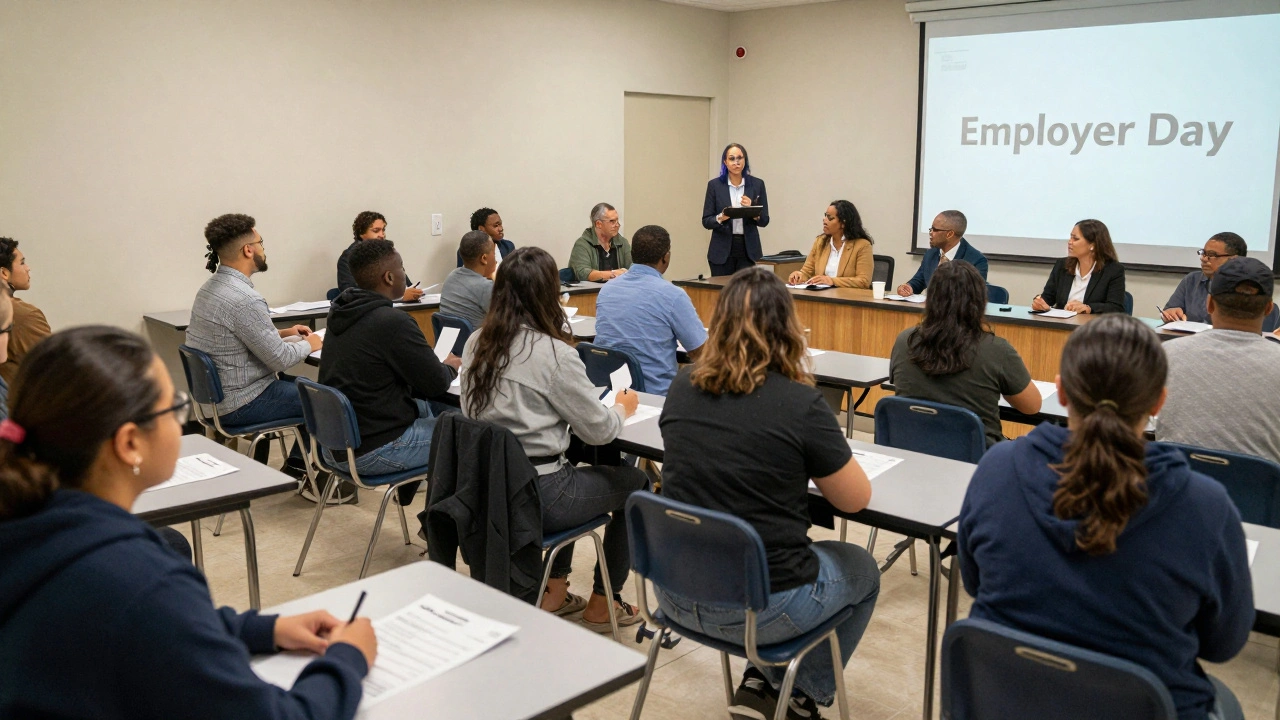 Inmates meeting employers at a prison career fair event