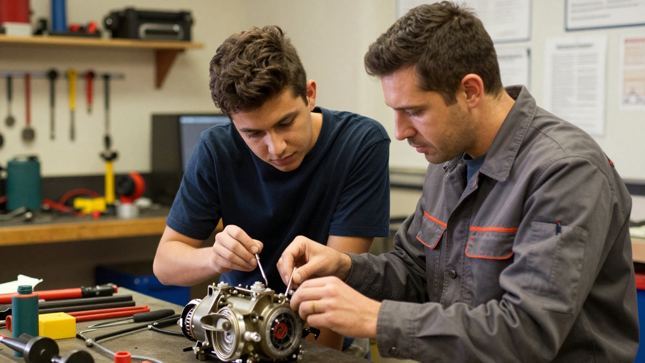 Instructor guiding an inmate in hands-on mechanical repair training in a secure facility.