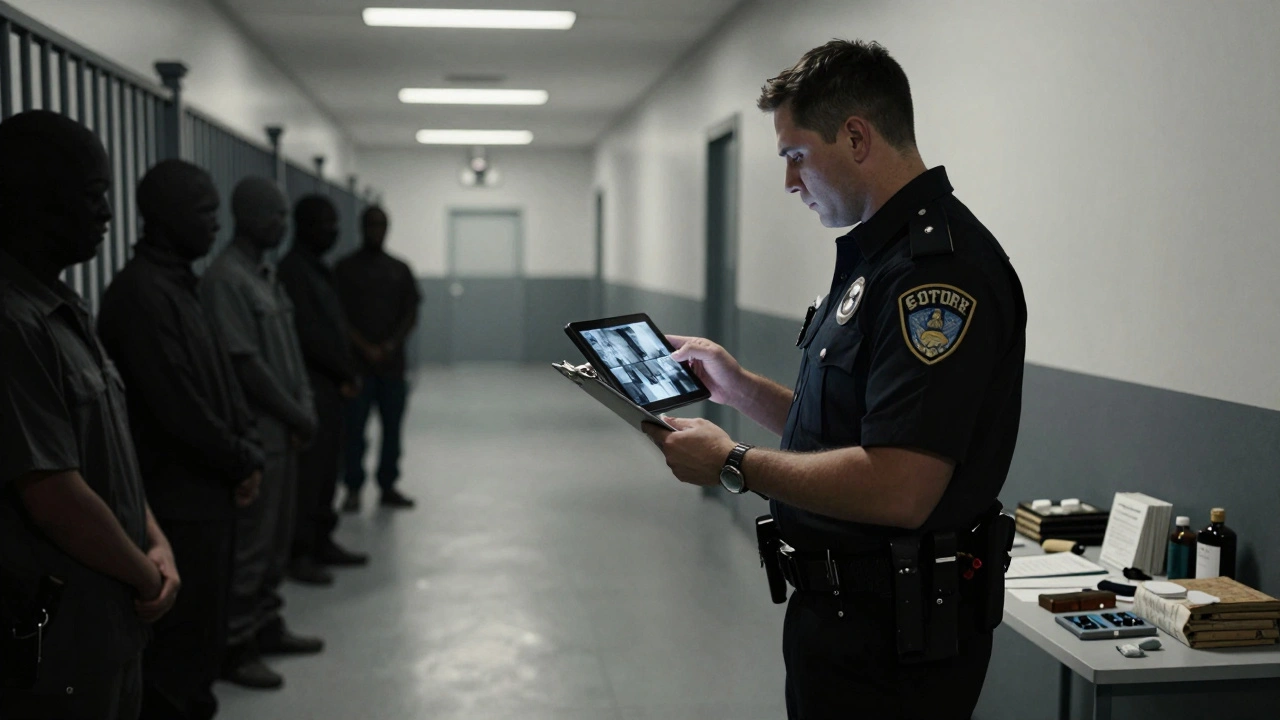 Investigator reviewing evidence and surveillance in a prison