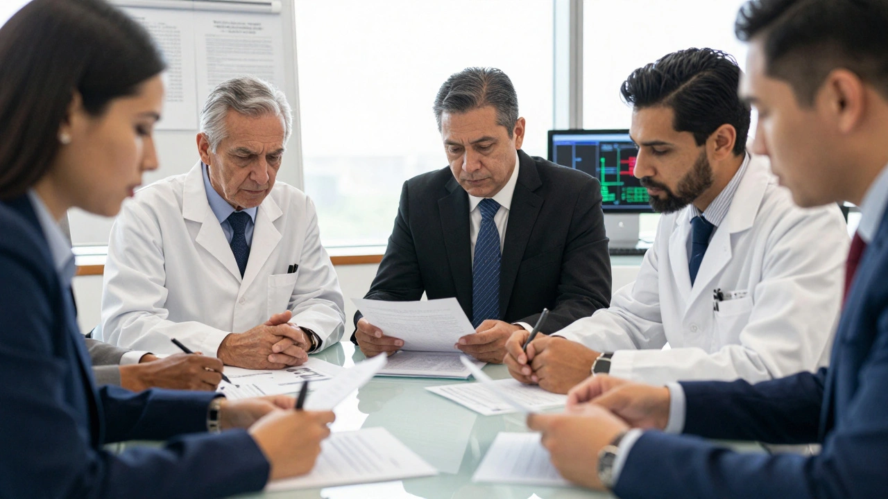 Investigators and experts reviewing documents in a bright office