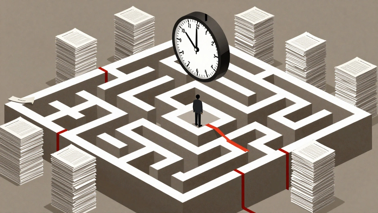 Isometric maze of paperwork representing prison grievance process and legal delays