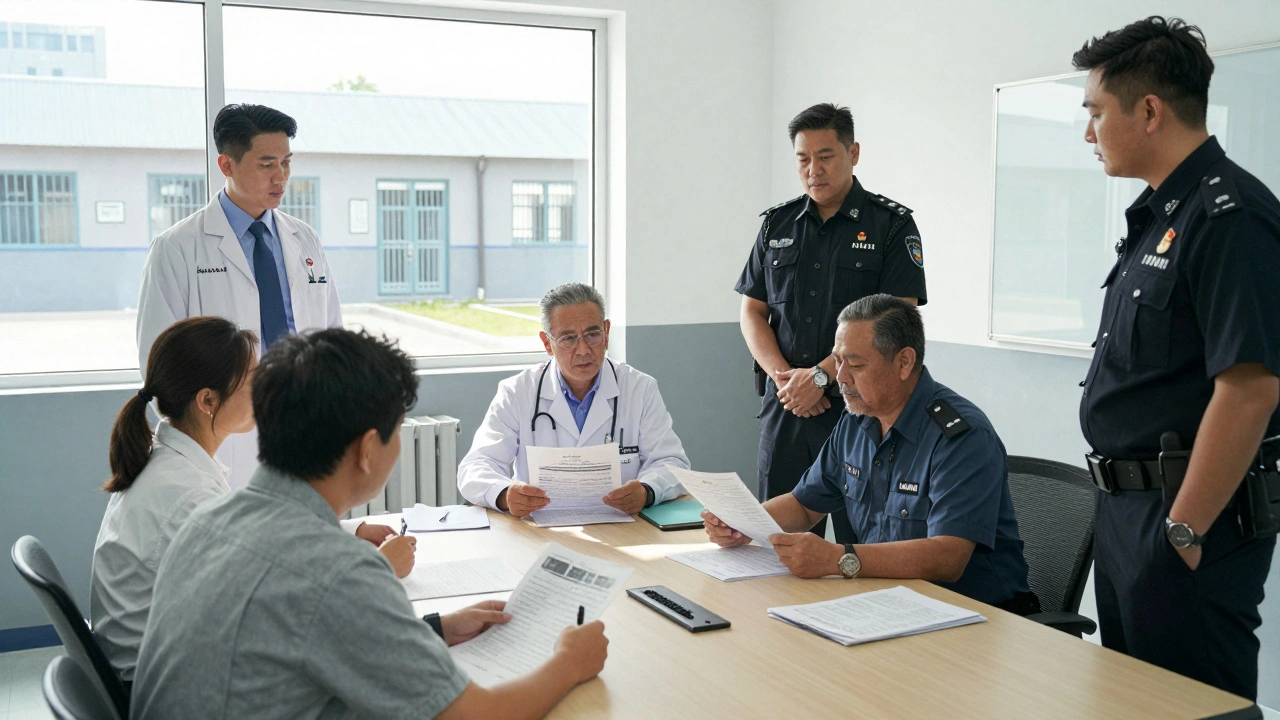 Medical and security staff discussing patient care in a prison office