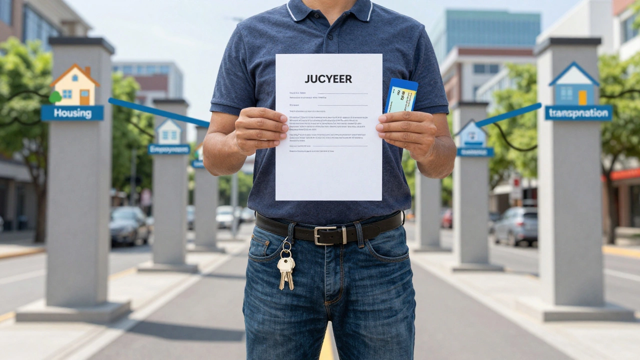 Person holding job offer, bus pass, and keys in city