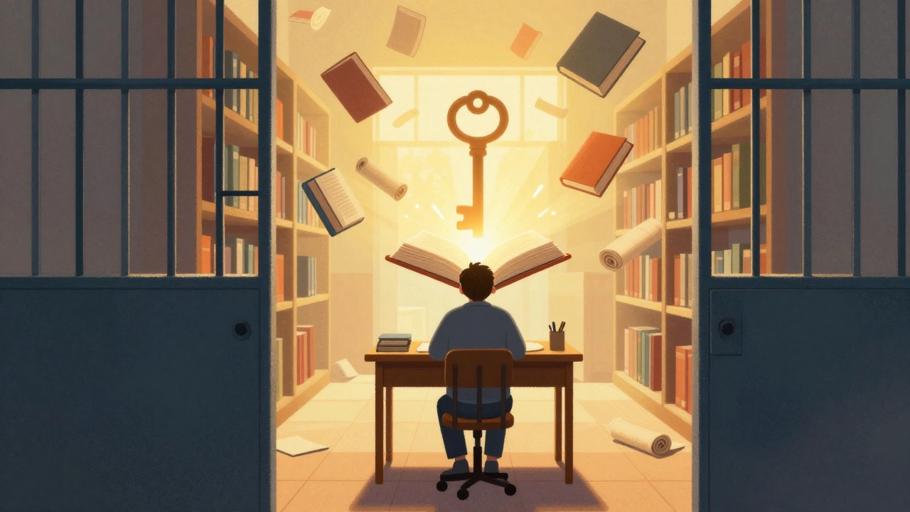 Person studying in prison cell with books turning into a key of hope