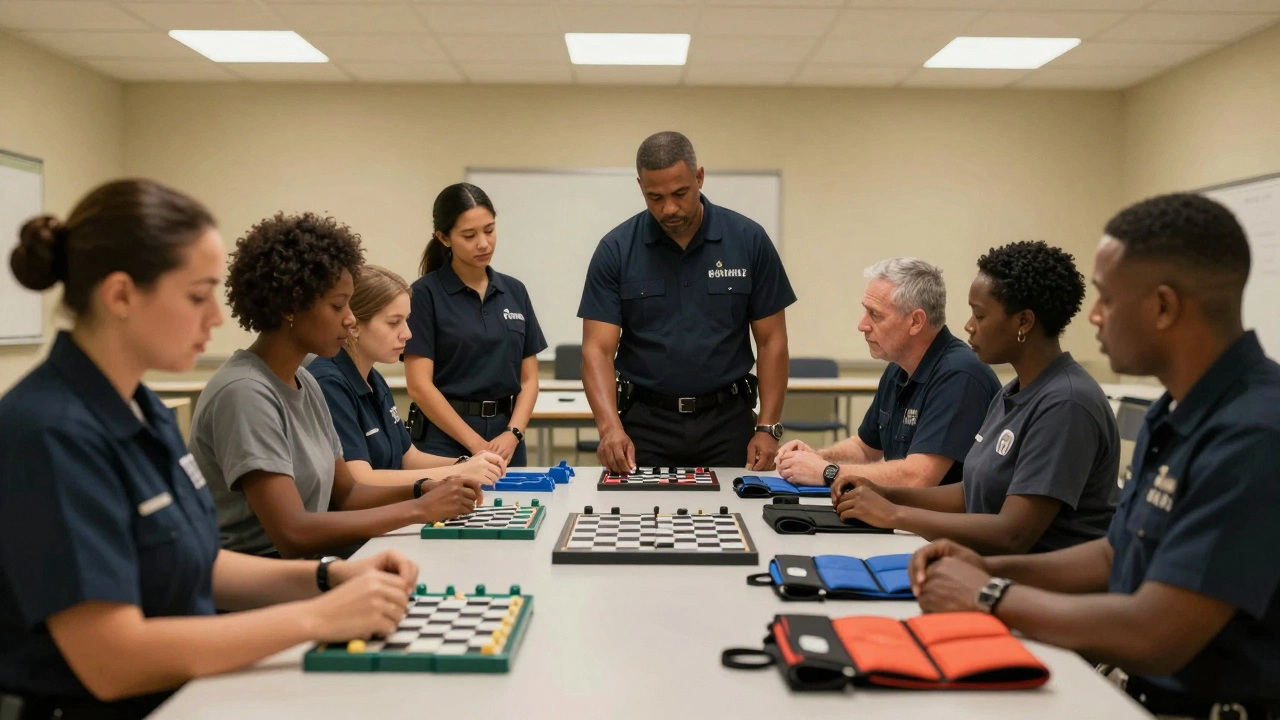 Prison staff reviewing adaptive recreational equipment in a training room