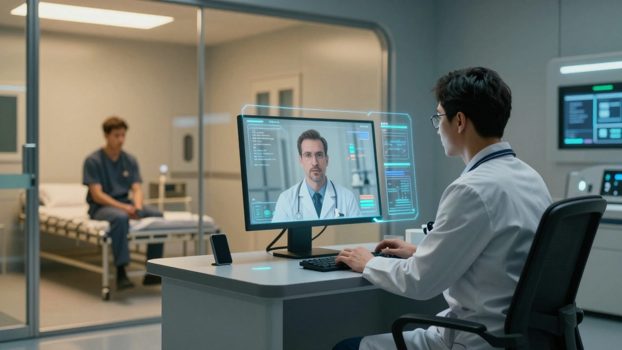 Psychiatrist using telemedicine to treat an inmate securely within a jail facility.