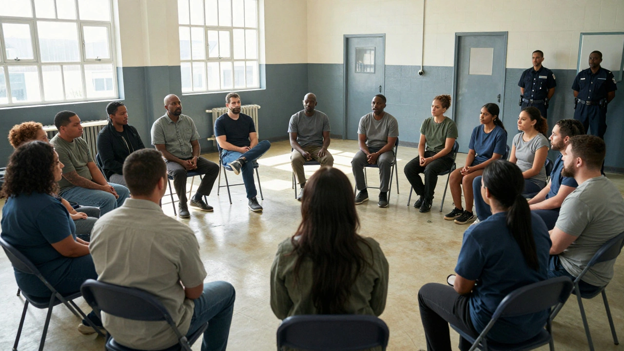 Restorative justice circle with volunteers and inmates