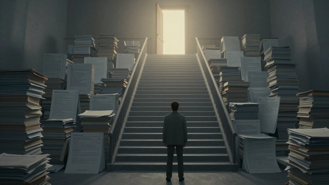 Solitary figure climbing stairs of legal documents toward court