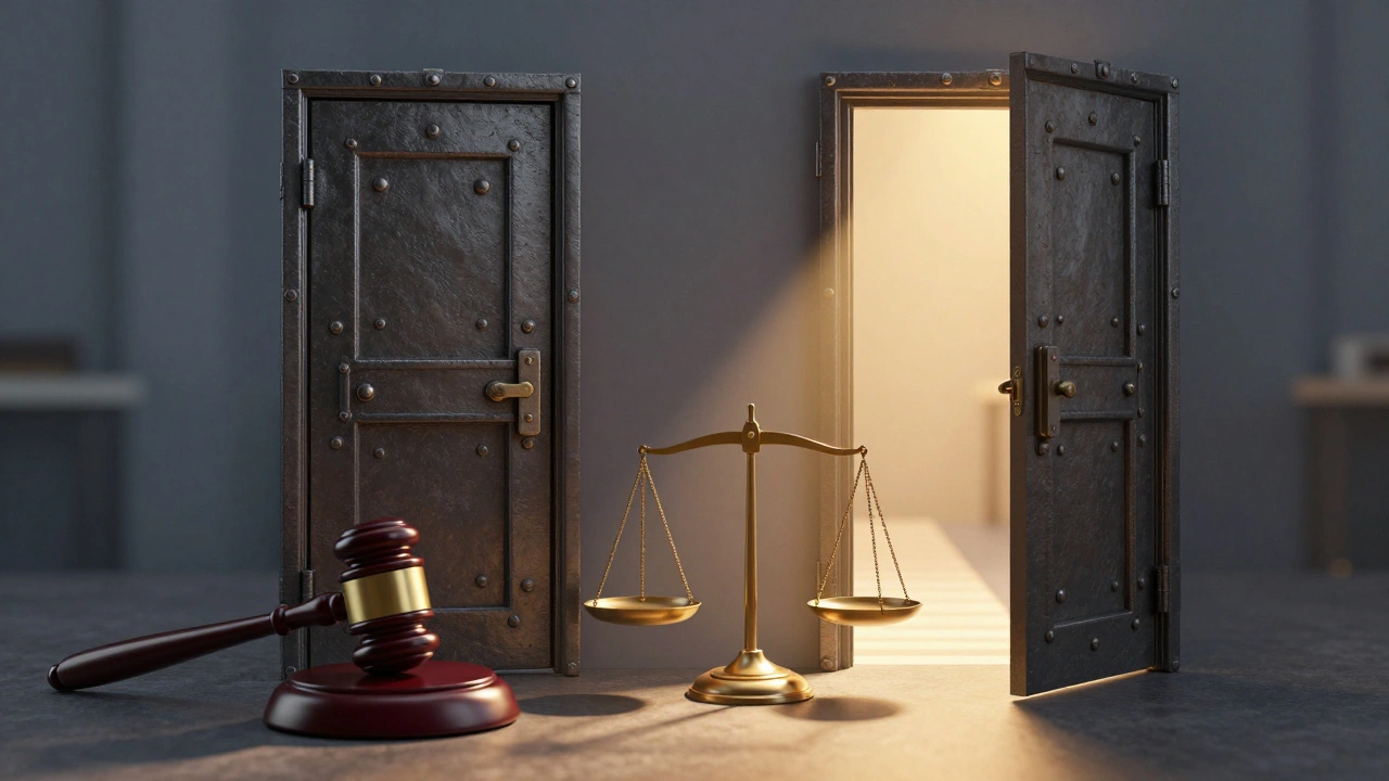Split image of a closed court door versus an open door with light and scales of justice