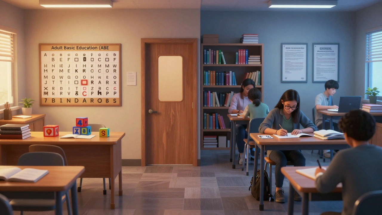 Split view of basic literacy class vs advanced GED prep in prison