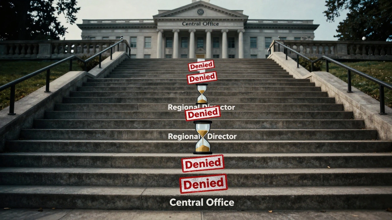Staircase metaphor showing the steps to appeal to prison central office