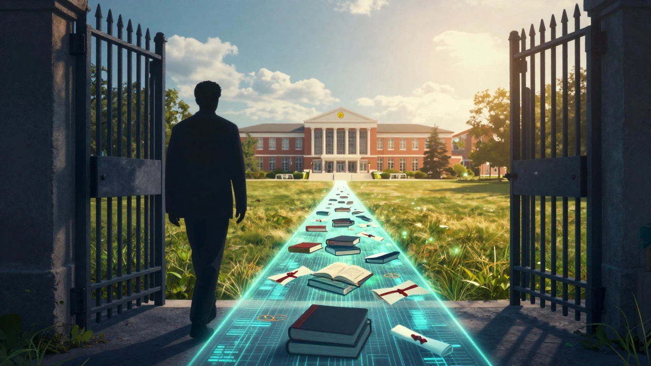 Symbolic bridge connecting a prison gate to a sunny college campus via books
