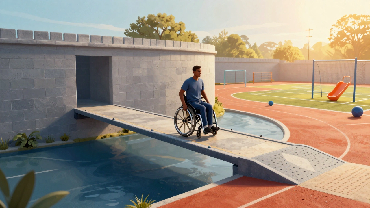 Symbolic bridge connecting prison walls to an accessible, sunny recreational area