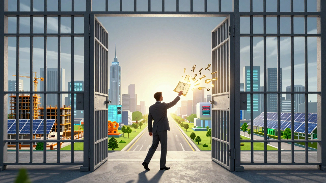 Symbolic image of an ex-convict stepping into job opportunities with a glowing certificate.