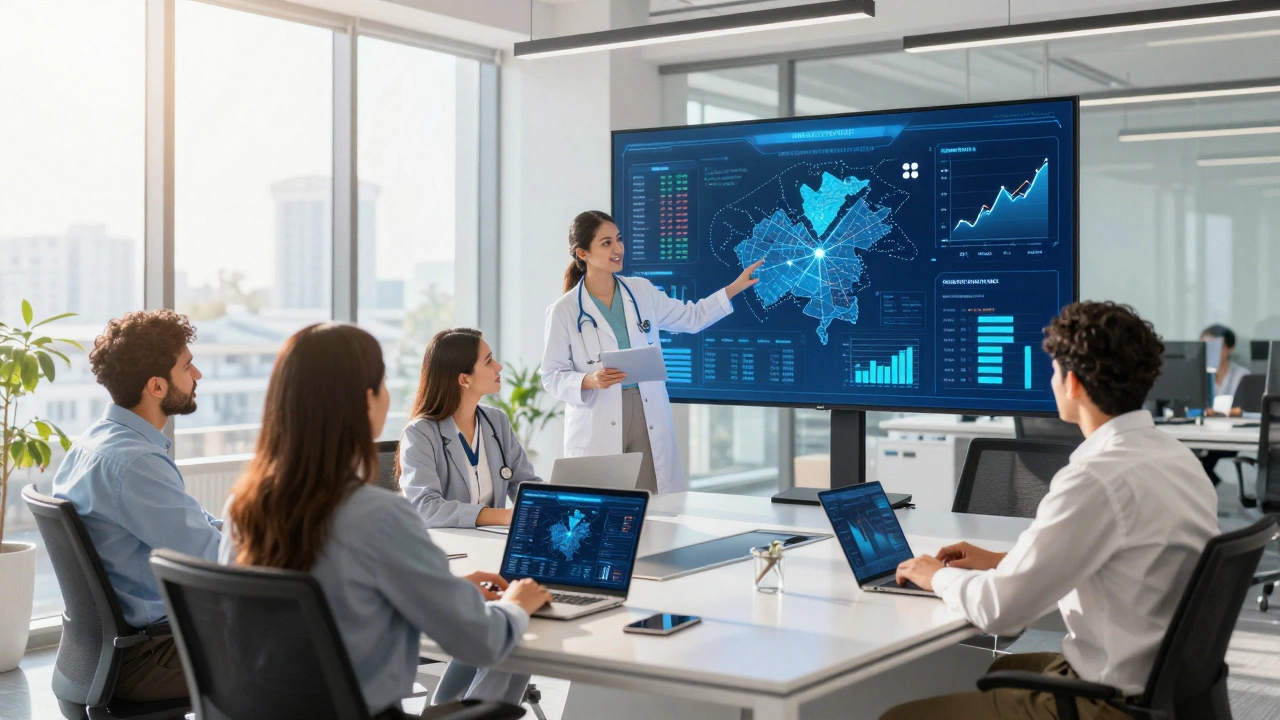 Team analyzing local labor market data on holographic screens in office