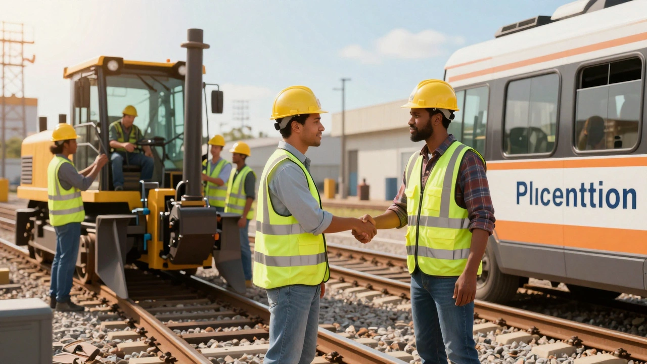 Workers in safety gear shaking hands near transit vehicle in sunny industrial site