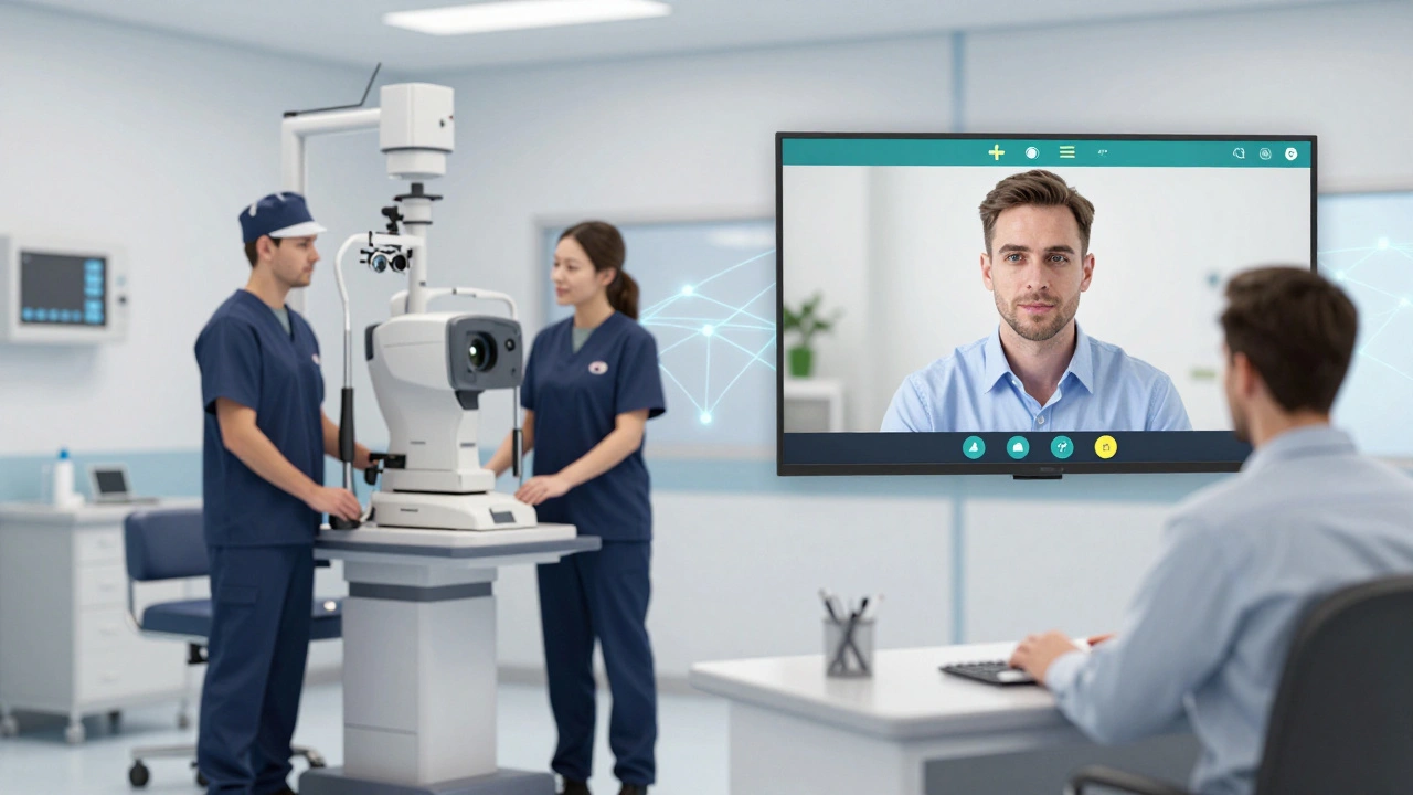 Digital illustration of remote optometry exam connecting prison and doctor.