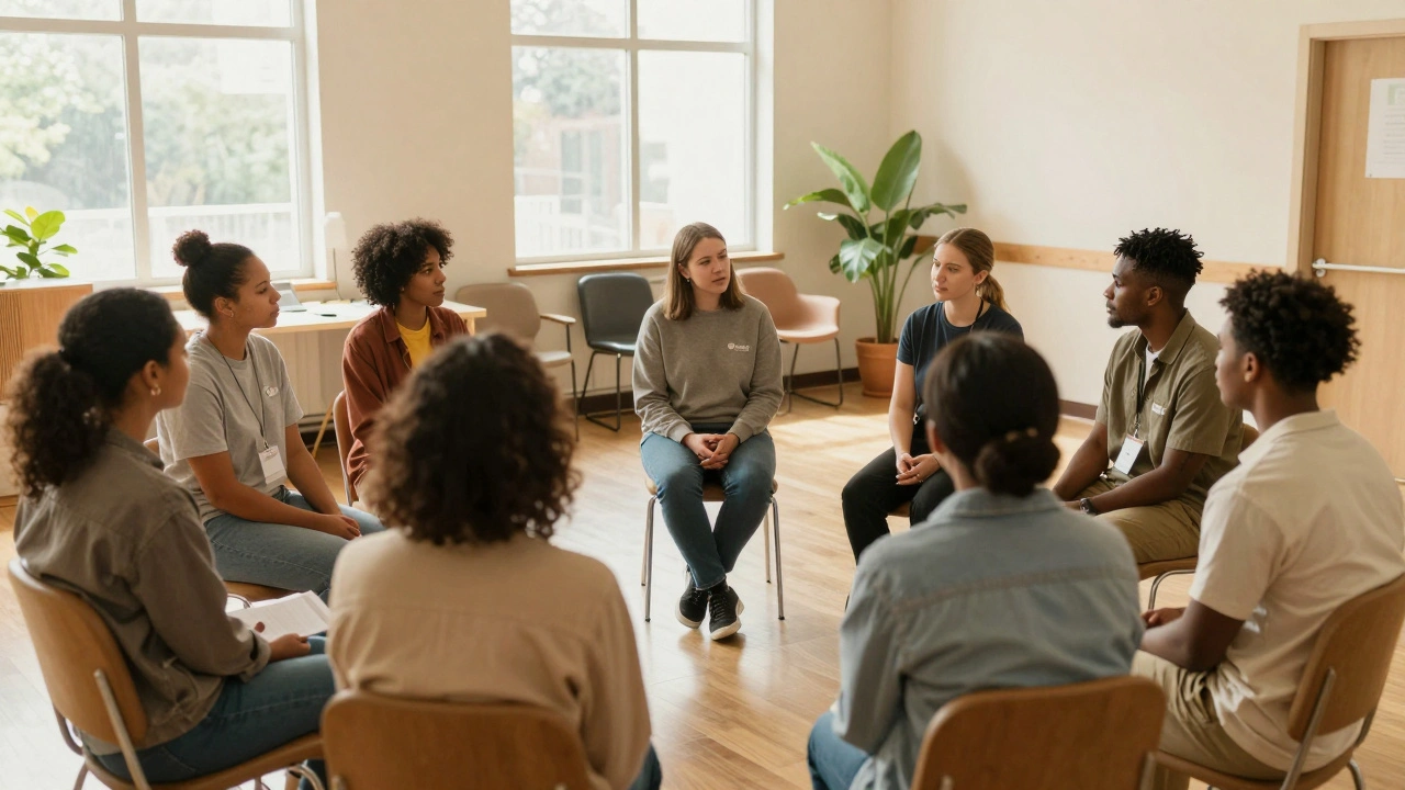 Volunteers mentoring formerly incarcerated people in a circle