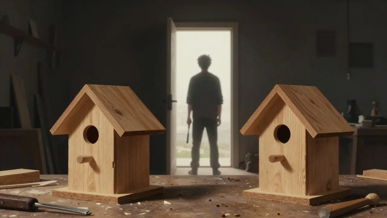 A craftsman working on a wooden birdhouse near an open door
