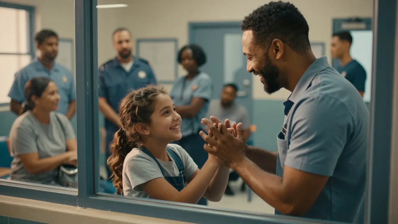 A father and daughter smiling while touching hands through the glass partition of a prison visiting room.
