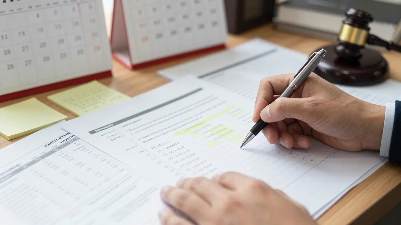 A hand organizing legal documents and a calendar on a desk