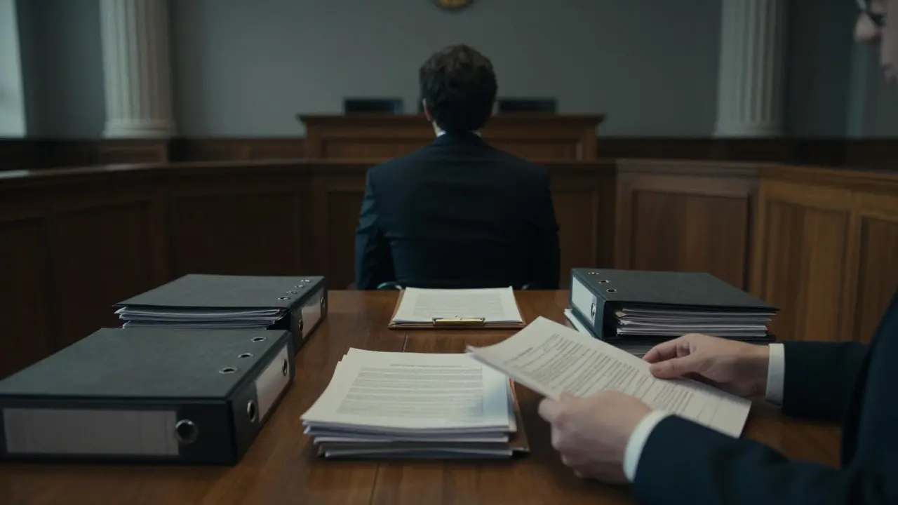 A lawyer organizing binders and documents on a table in a dimly lit courtroom setting