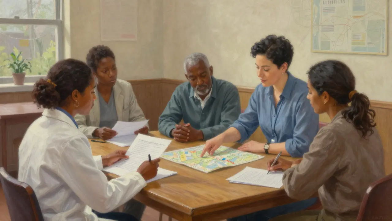 A multidisciplinary team collaborating with a client in a community office