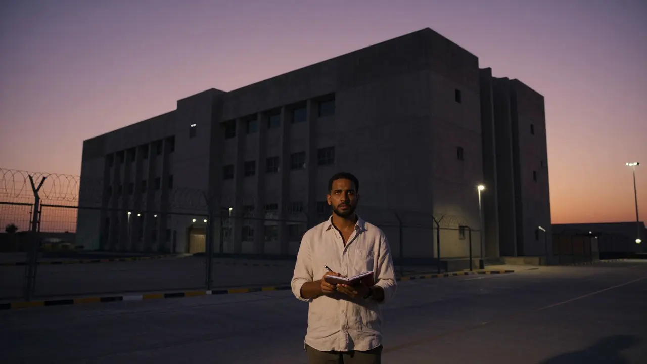 A person standing outside a correctional facility at dusk, holding a notebook, symbolizing proactive family support
