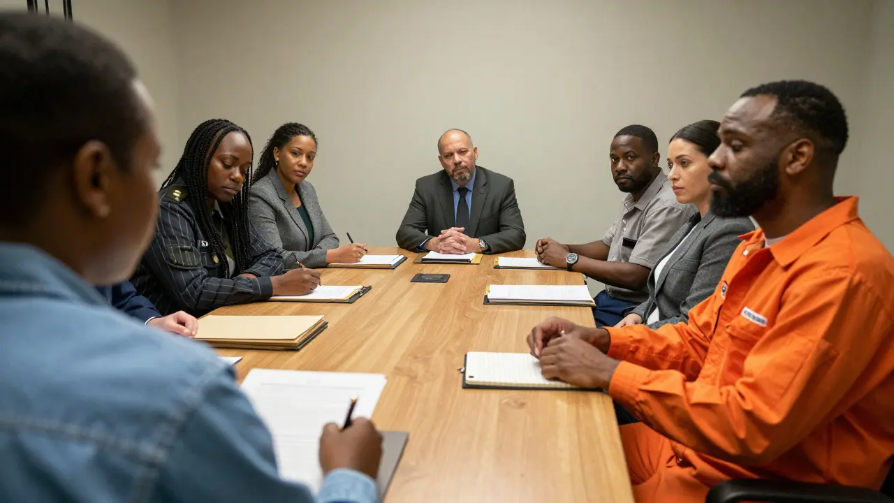 A prison classification committee reviewing an inmate's file during a hearing