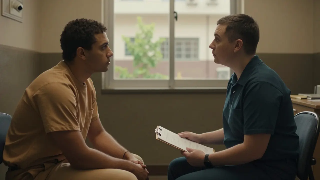 A prison counselor having a one-on-one conversation with an inmate in a private office