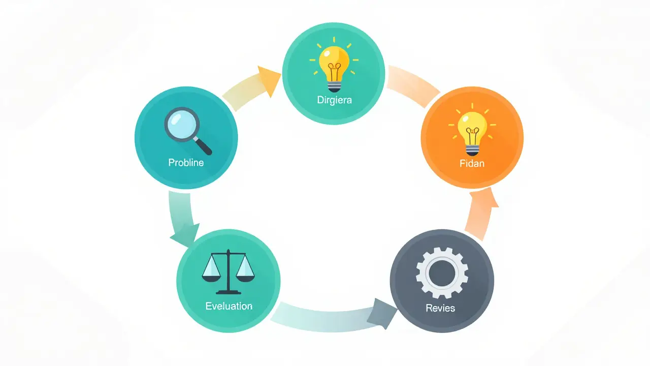 Abstract diagram illustrating a five-step problem-solving cycle