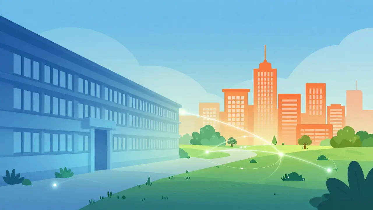 Abstract illustration connecting a prison to a healthy city