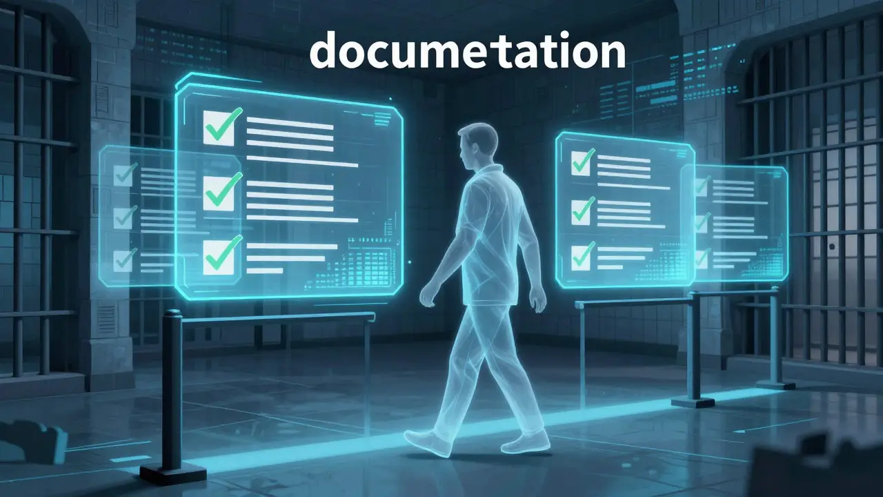 Abstract illustration of a person walking through digital security checkpoints