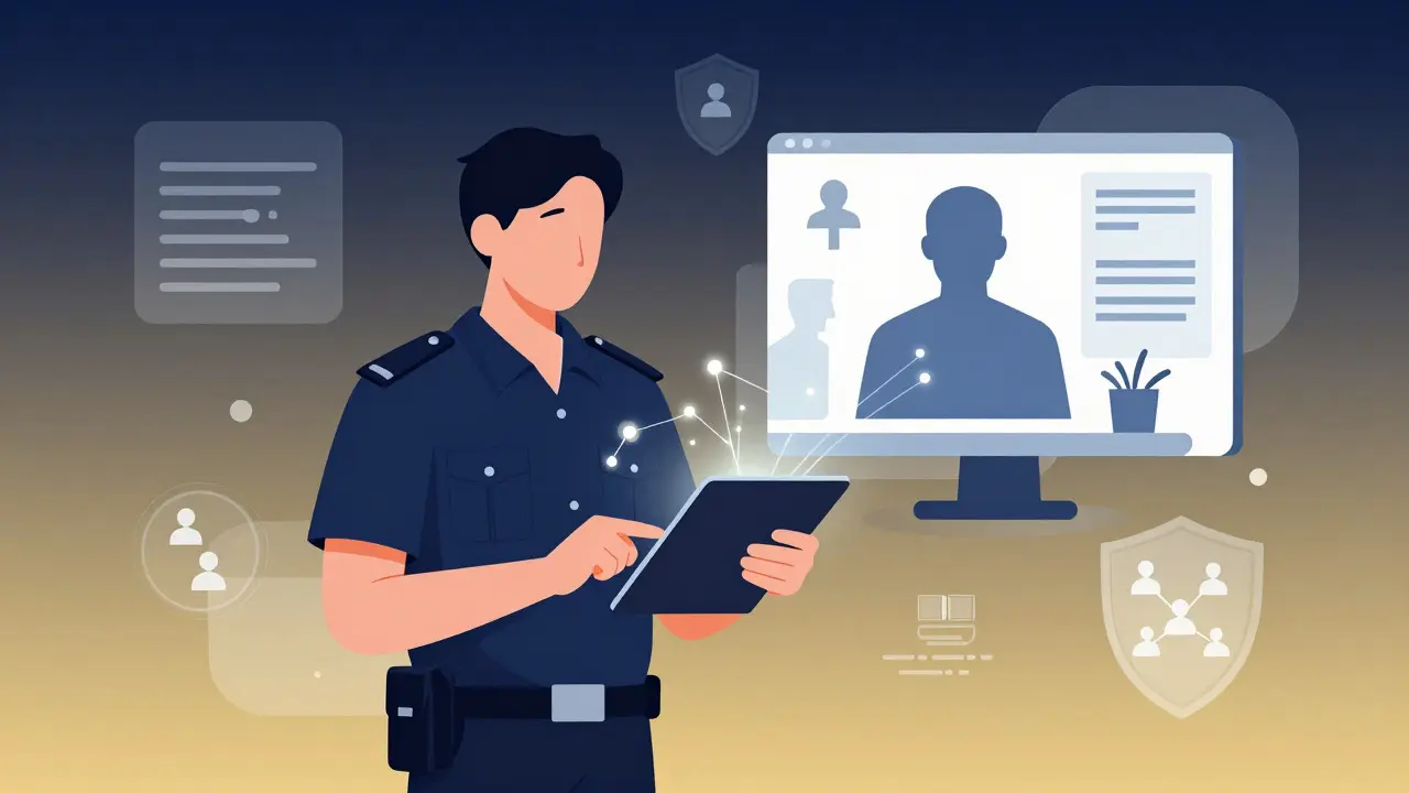 Abstract illustration of a prison officer using telehealth technology to connect with a specialist