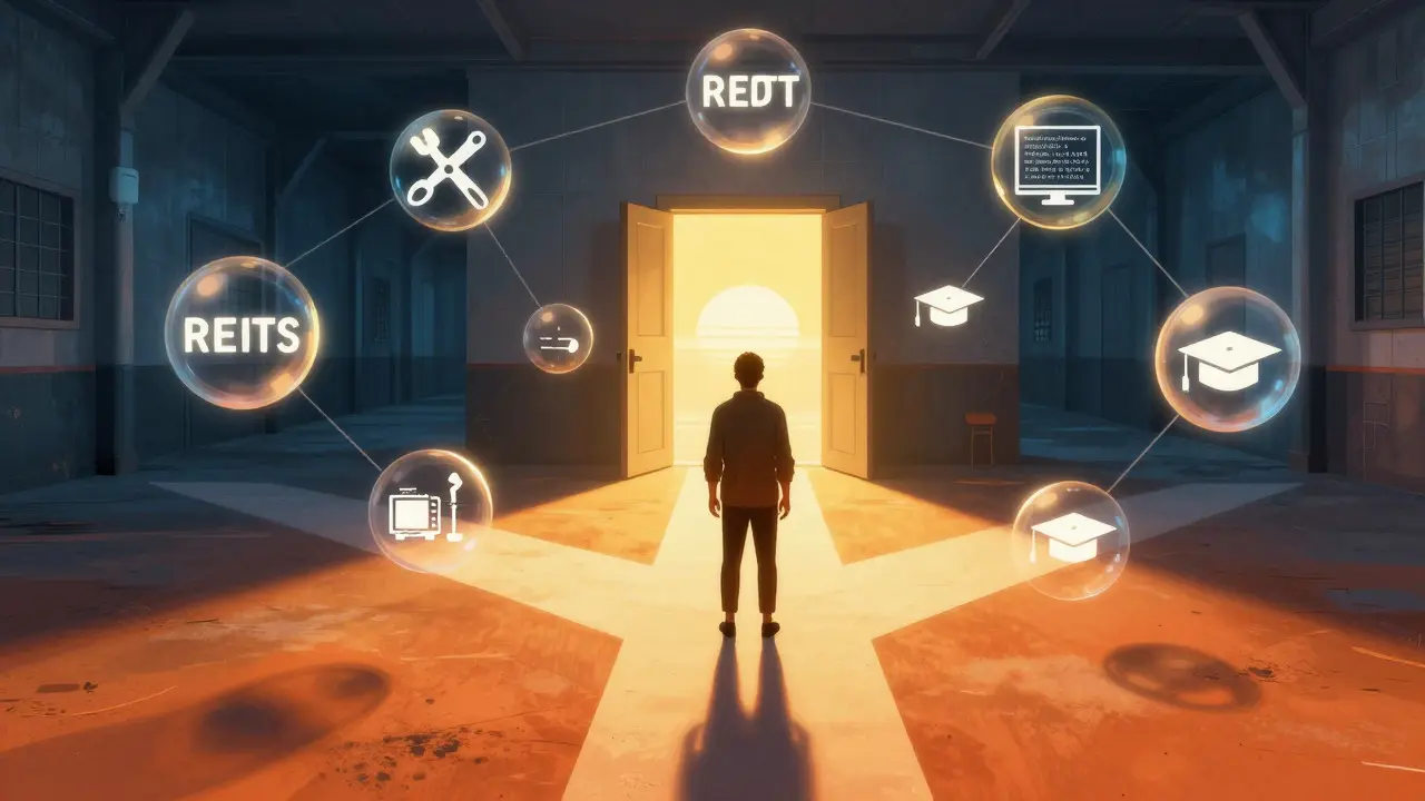 Abstract illustration of a prisoner choosing a path of education over stagnation