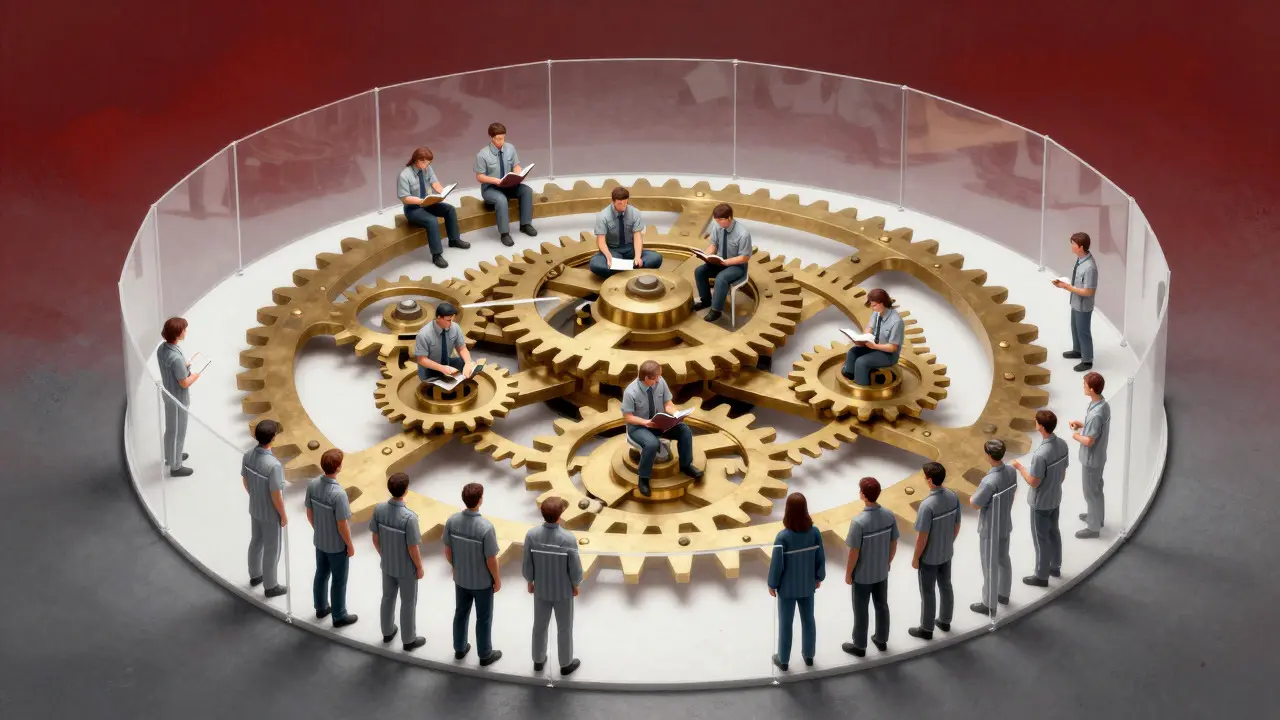 Abstract illustration of human figures forming a smooth clockwork mechanism representing order