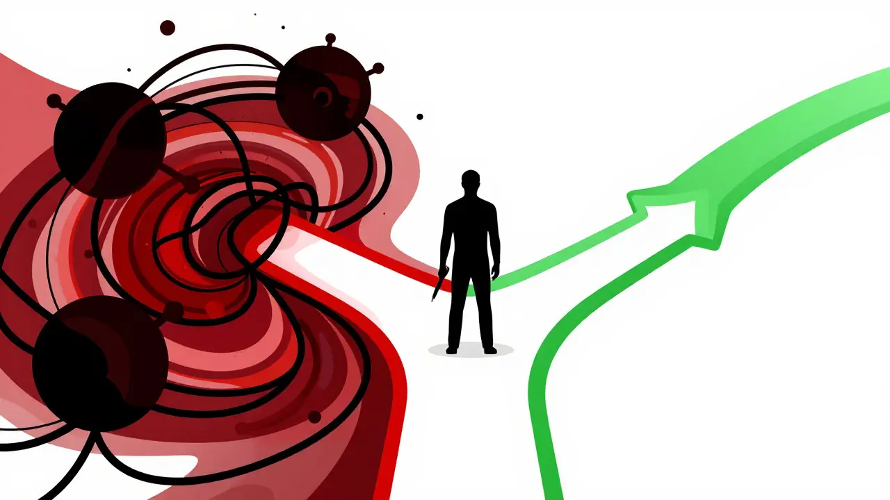 Abstract illustration showing a choice between complex and simple paths