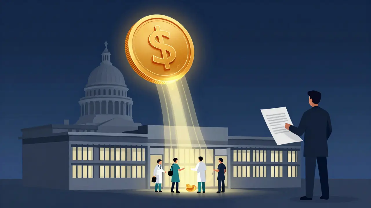 Abstract visualization of state funds flowing to private prison healthcare providers
