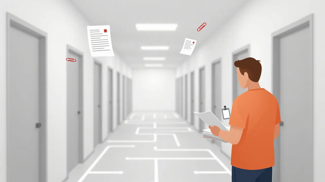 An abstract artistic depiction of a visitor navigating a complex maze of paperwork and bureaucratic procedures.