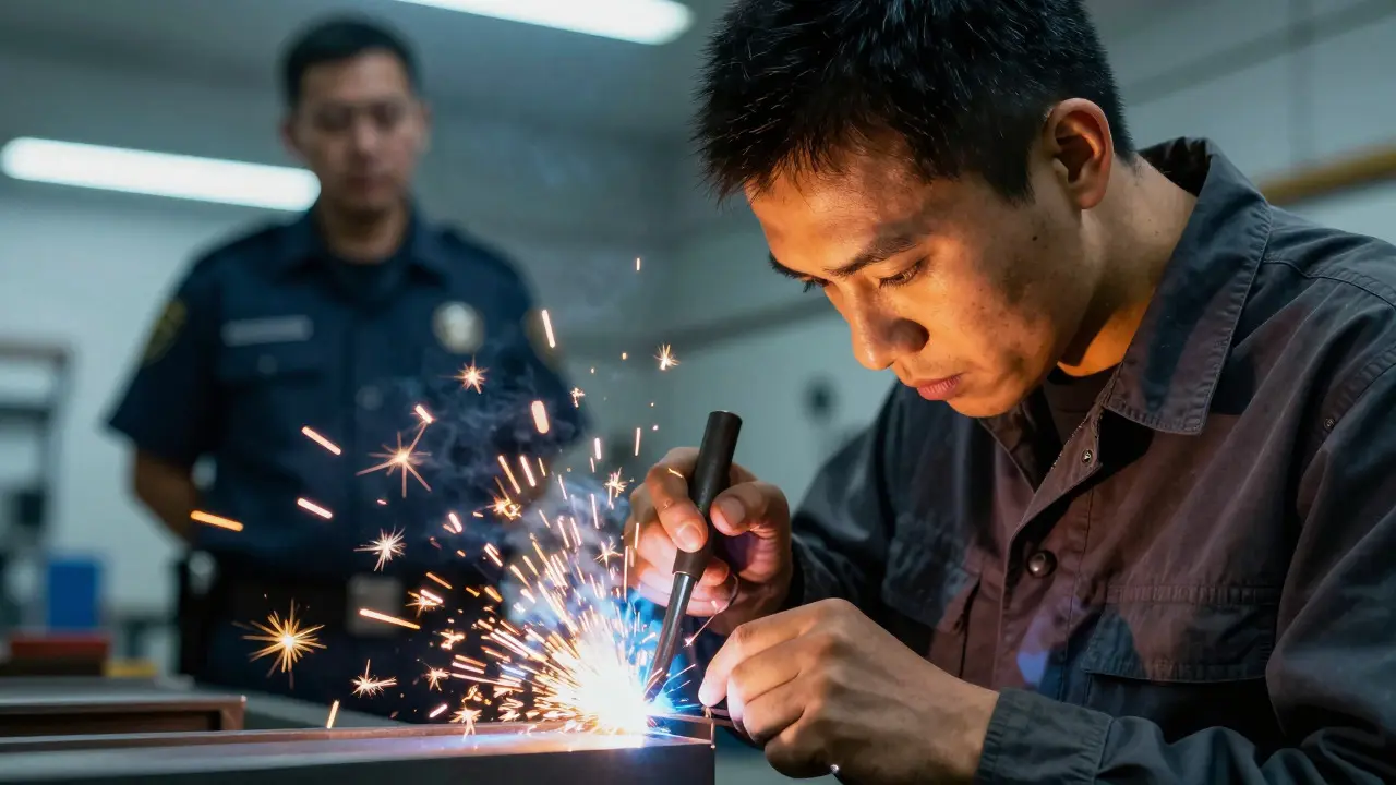 An inmate focusing on welding in a vocational workshop while an officer observes calmly