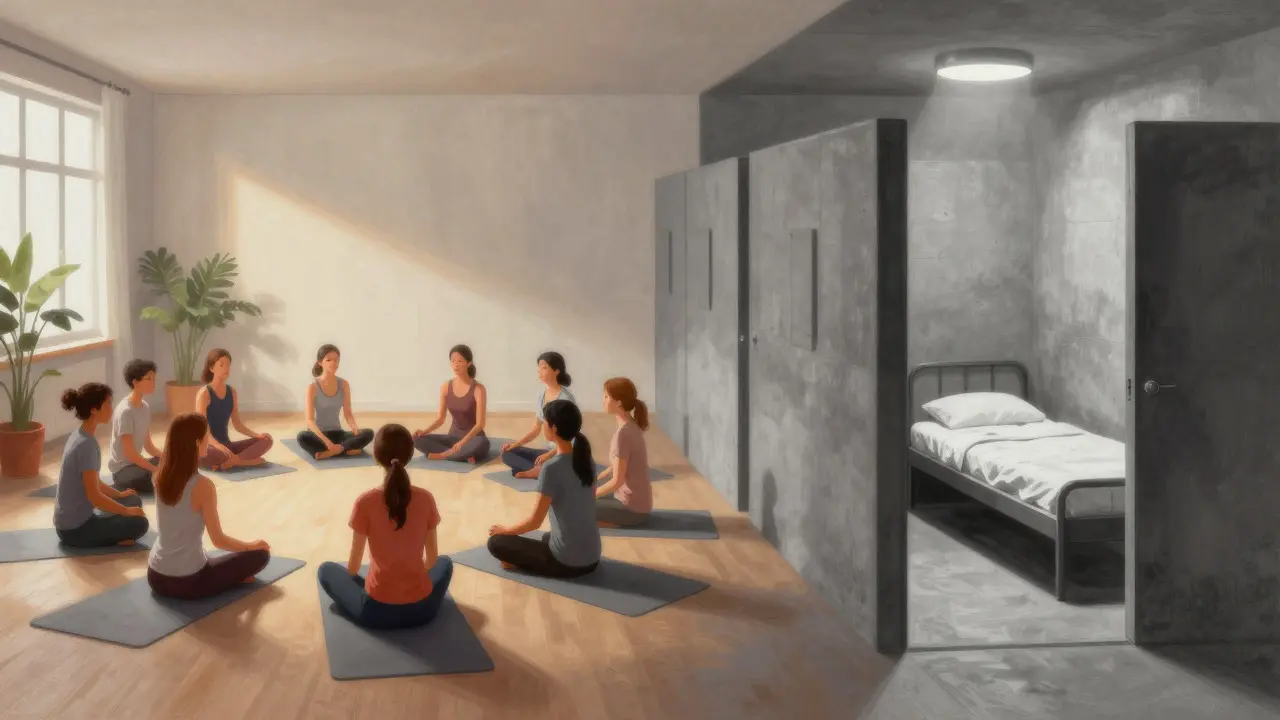 Artistic comparison of a therapeutic yoga session versus a cold segregation cell