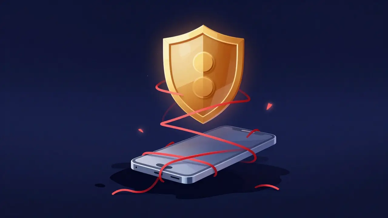 Artistic depiction of a phone protected by a golden shield against red lines representing digital fraud risks