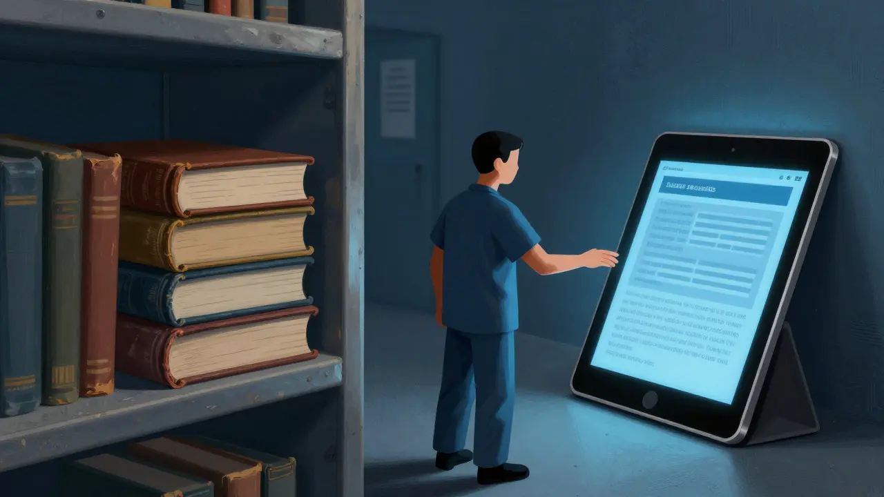 Artistic depiction of an inmate choosing between physical books and a digital tablet
