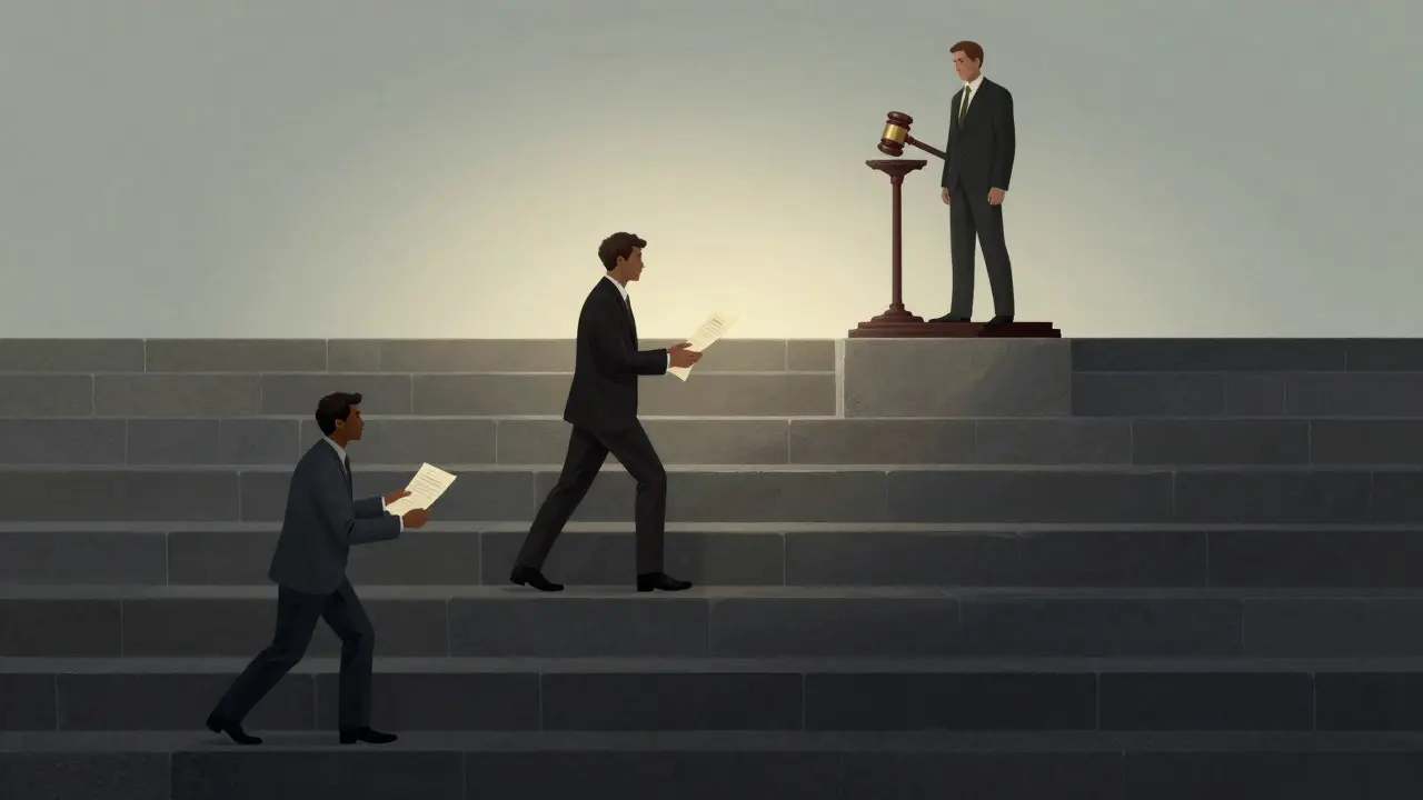 Artistic depiction of three figures ascending steps representing legal appeal stages