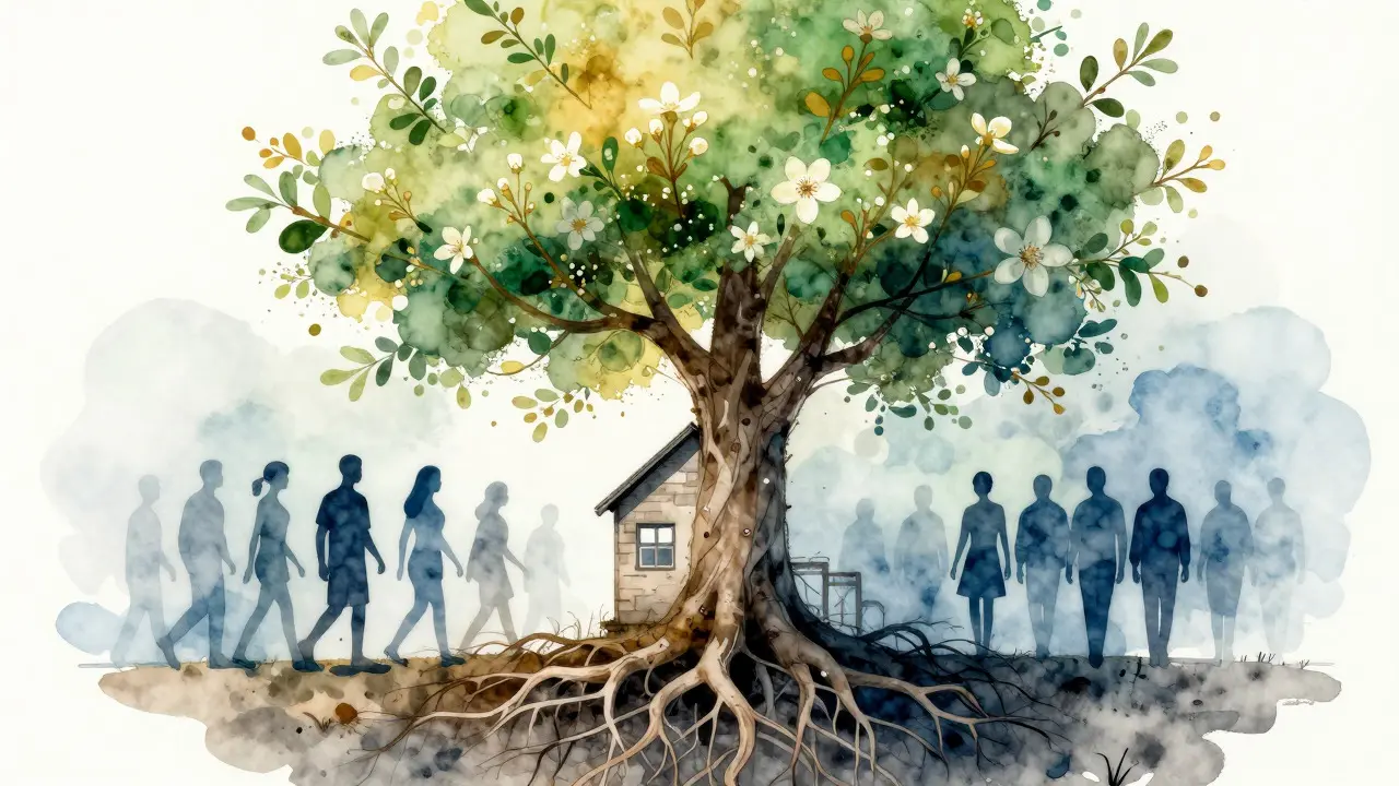 Artistic illustration of a tree growing from a house foundation