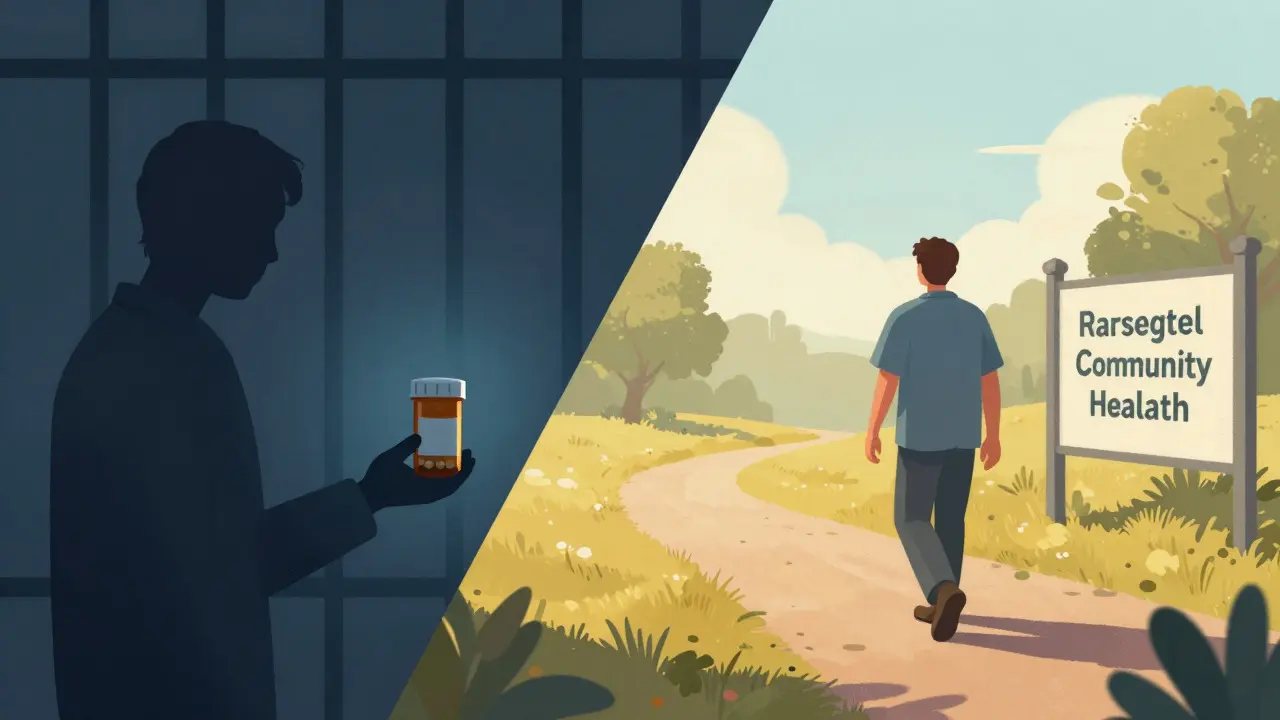 Artistic split image showing a prisoner transitioning to a healthy community life