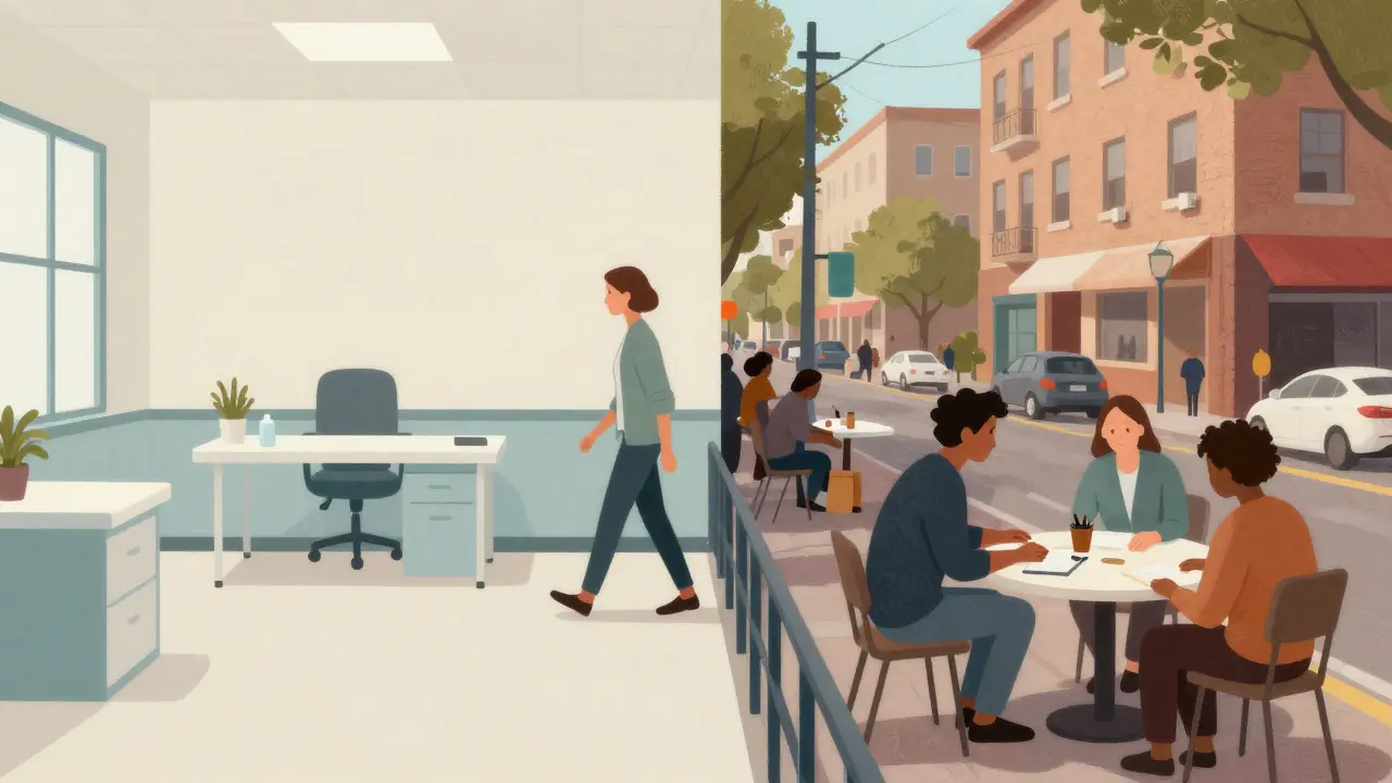 Artistic split view comparing clinical therapy and community-based support