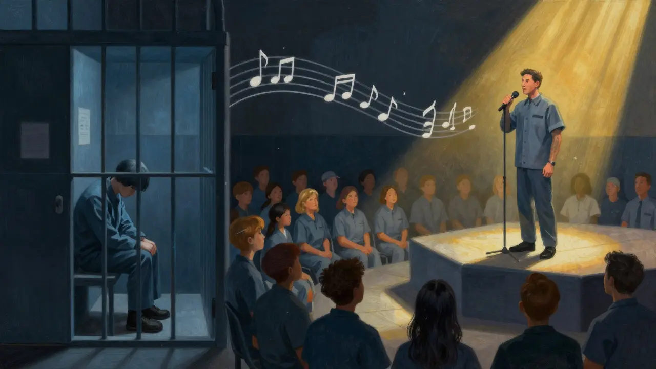 Artistic split-view showing a prisoner's transformation from isolation to stage performance